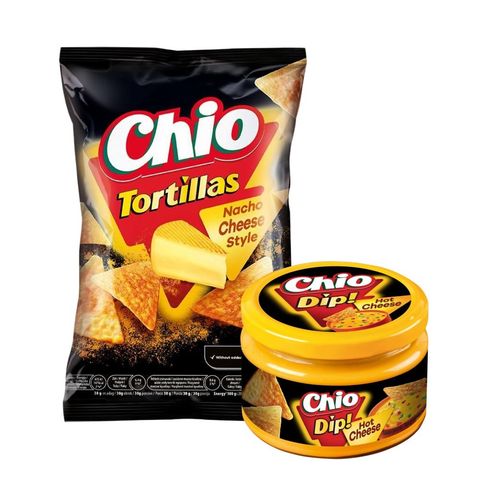Chio Nacho Cheese Tortilla Chips + Chio Hot Cheese Spicy Cheese Dip