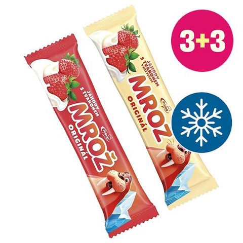 Prima Mrož nanuk jahoda v bílé polevě + Mrož Jahodový nanuk s tvarohem v kakaové polevě