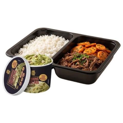 YES ME Pulled beef with rice and roasted vegetables + YES MĚ Pistachio Protein Ice Cream