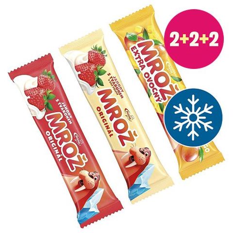 Prima Mrož nanuk jahoda v bílé polevě + Mrož Jahodový nanuk s tvarohem v kakaové polevě + Mrož Mango v bílé polevě