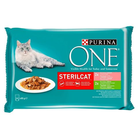 Purina One Sterilcat Turkey and Green Bean Pouches, Salmon and Carrot Pouches for Cats | 4 x 85 g