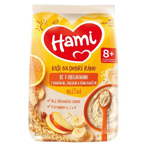 Hami Mléčná kaše na dobré ráno se 7 obilninami s banánem, jablkem a pomerančem od uk. 8 měsíce | 210 g