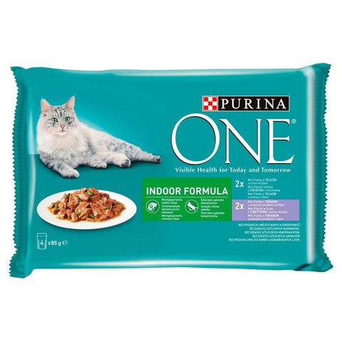 Purina One Indoor Tuna and Veal Pouch for Cats | 4 x 85 g