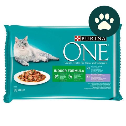 Purina One Indoor Kapsička s tuňákem a telecím pro kočky | 4 x 85 g