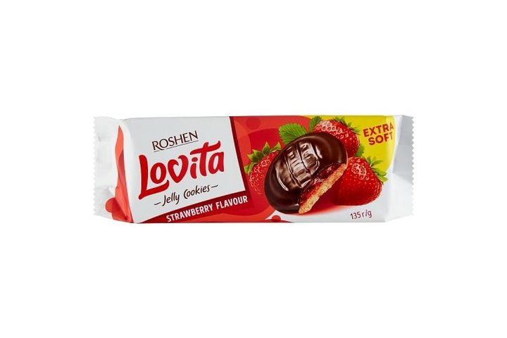 Roshen Lovita Jelly Cookies eper ízesítésű zselével töltött teasütemény kakaós bevonattal 135 g