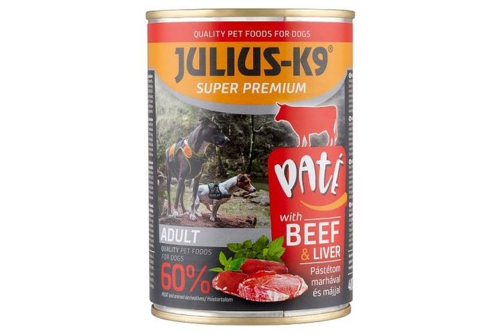 Julius-K9 teljes értékű állateledel felnőtt kutyák számára pástétom marhával és májjal 400 g
