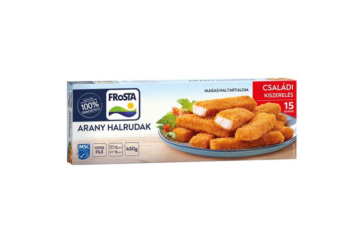 FRoSTA gyorsfagyasztott elősütött halrudak halfiléből aranyló ropogós panírban 15 db 450 g