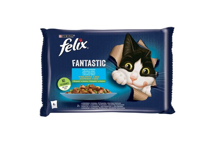 Purina Felix Fantastic lazaccal, cukkinivel/pisztránggal, zöldbabbal aszpikban macskaeledel 4 x 85 g