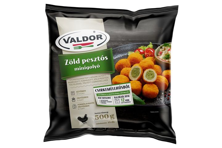 Valdor gyorsfagyasztott, készre sütött, panírozott zöld pesztós minigolyó 500 g
