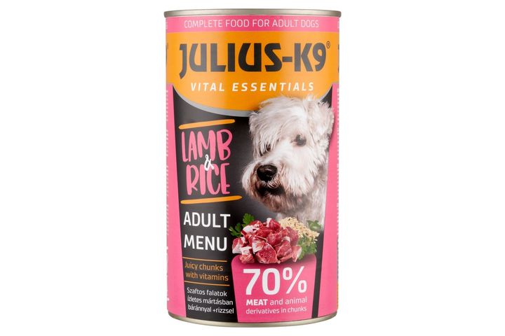 Julius-K9 teljes értékű állateledel felnőtt kutyák számára mártásban báránnyal + rizzsel 1230 g