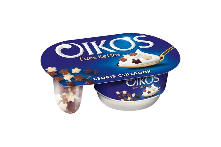 Danone Oikos Édes Kettes édesített joghurt vaníliaízű, csokoládéval bevont gabonacsillagokkal 102 g