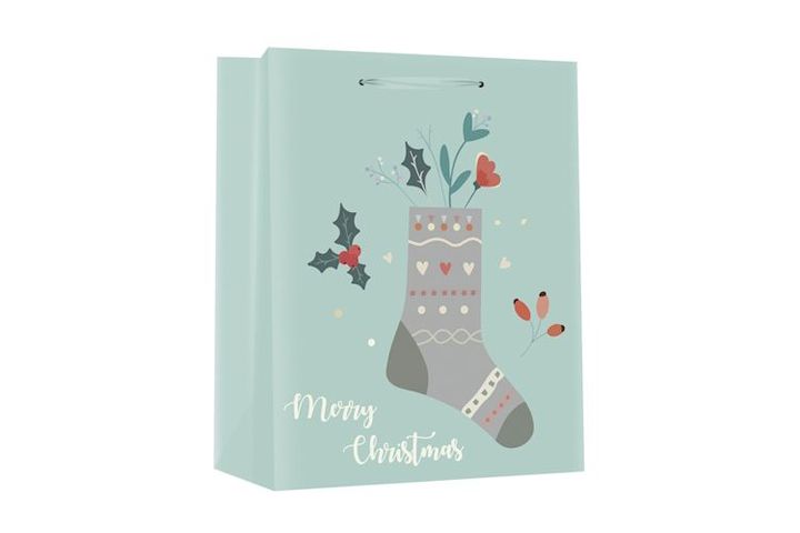 CREATIVE Deluxe plus Gift Bag L 26x32x12 cm Christmas matte colored, glittery grey patterned, ribbon-handled