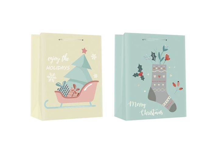 CREATIVE Deluxe plus Gift Bag L 26x32x12 cm Christmas matte colored, glittery grey patterned, ribbon-handled