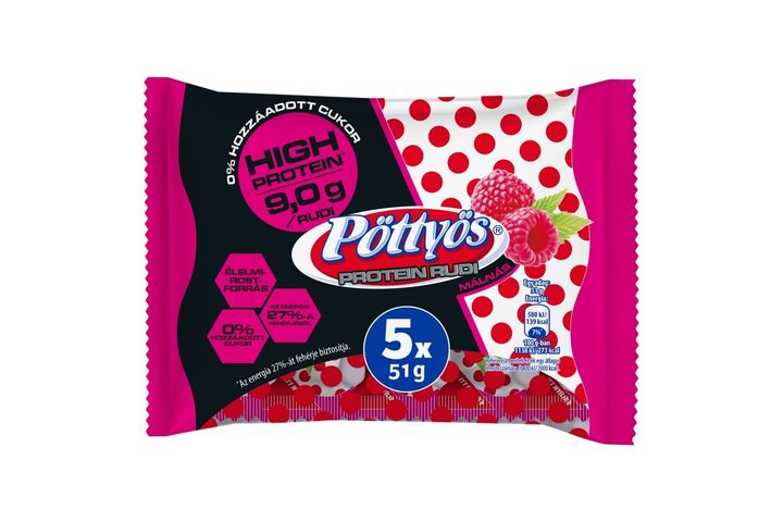 Pöttyös Protein Túró Rudi málnás túródesszert kakaós étbevonattal, édesítőszerekkel 5 x 51 g (255 g)