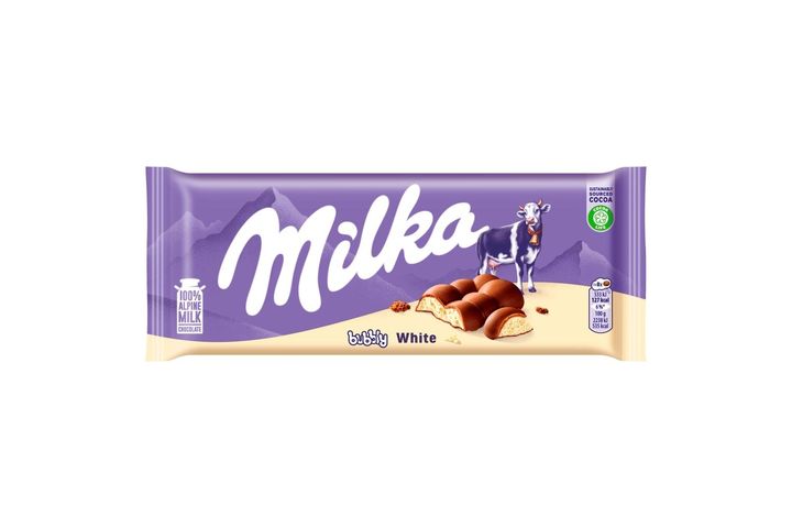 Milka Bubbly White alpesi tejcsokoládé levegőbuborékos fehércsokoládé töltelékkel 95 g