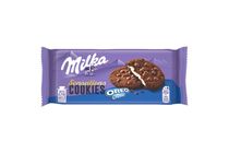 Milka Cookies Sensations Oreo Creme kakaós keksz tejcsokoládé darabokkal, vaníliás töltelékkel 156 g