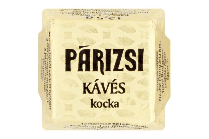 Párizsi Kocka kakaós, kávés, alkoholos krémmel töltött tejcsokoládé 12,5 g