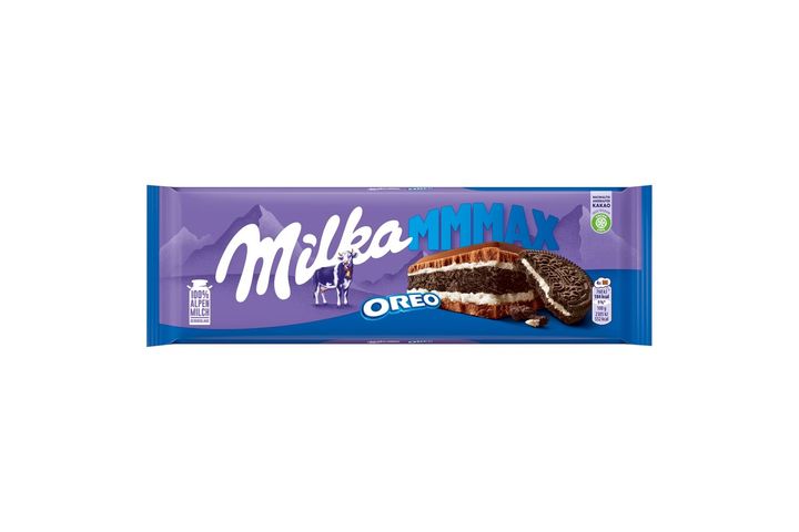 Milka Mmmax Oreo alpesi tejcsokoládé vanília ízű tejes krémtöltelékkel és kakaós keksszel 300 g
