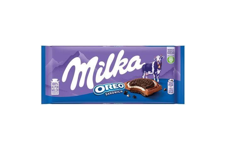 Milka Oreo Sandwich Cocoa Biscuits with Vanilla Flavored Milky Filling on Alpine Milk Chocolate 92 g