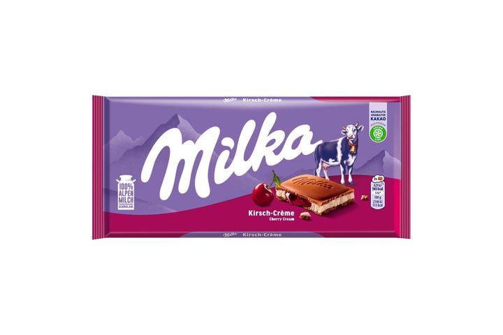 Milka alpesi tejcsokoládé meggyízű tejes krémtöltelékkel és meggyes gyümölcskrémmel 100 g