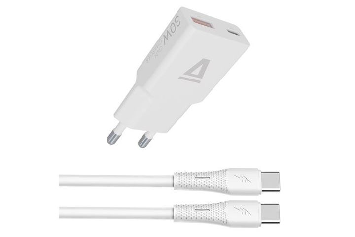 AVAX 30W GaN charger and USB-C to Lightning silicone cable, white