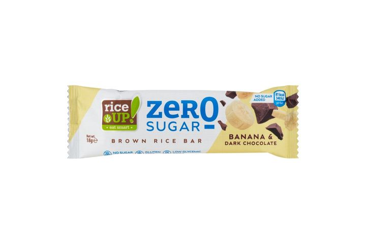 RiceUp! Zero Sugar puffasztott teljes kiőrlésű barna rizsszelet banános ízű étcsokoládéval 18 g