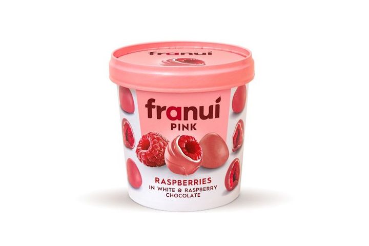 Franui frissen fagyasztott málna fehér és málnás csokoládéval bevonva, 150 g