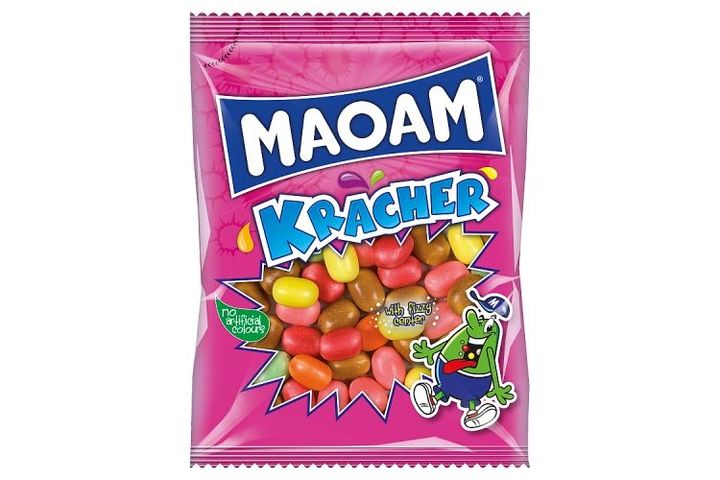 Maoam Kracher olvadó rágóbonbon-drazsé pezsgő porral töltve, részben kóla ízesítéssel 70 g