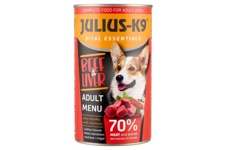 Julius-K9 teljes értékű állateledel felnőtt kutyák számára mártásban marhával + májjal 1230 g