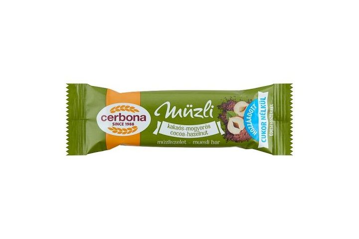 Cerbona kakaós-mogyorós müzliszelet hozzáadott cukor nélkül, édesítőszerrel 20 g