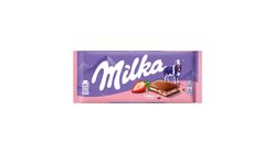 Milka alpesi tej felhasználásával készült tejcsokoládé eperízű krémmel töltve 100 g