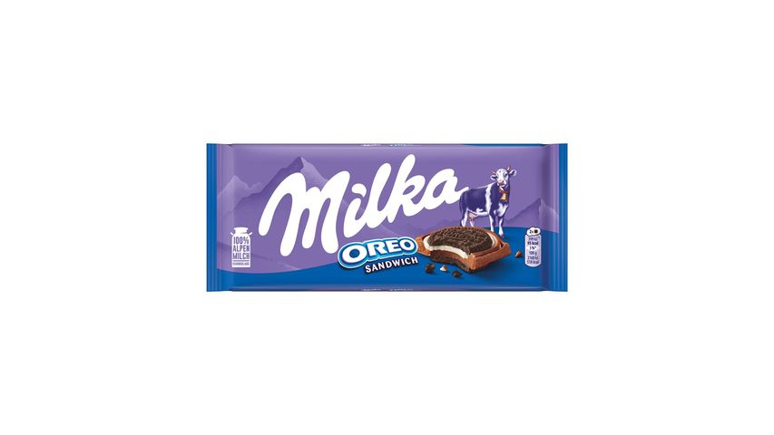 Milka Oreo Sandwich Cocoa Biscuits with Vanilla Flavored Milky Filling on Alpine Milk Chocolate 92 g