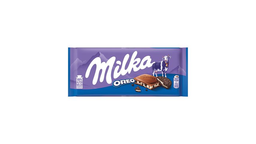 Milka Oreo Alpine Milk Chocolate with Cocoa Biscuit Pieces and Vanilla Flavored Milk Cream Filling 100 g